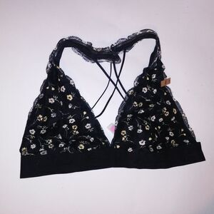 Victoria Secret PINK Bralette Bra Large Black Yellow Floral Lace Banded Triangle